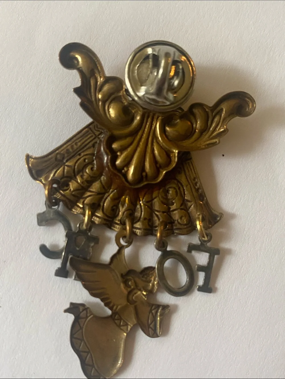 Vintage Gold Angel Brooch with Dangling Letters